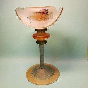 Romanian JON ART Signed Abstract Art Glass Hand Painted Candlestick RARE